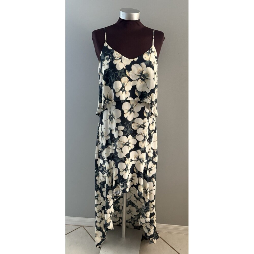 INTERMIX Silk Maxi Dress Size S Green Floral Hi-Low Spaghetti Strap Lightweight
